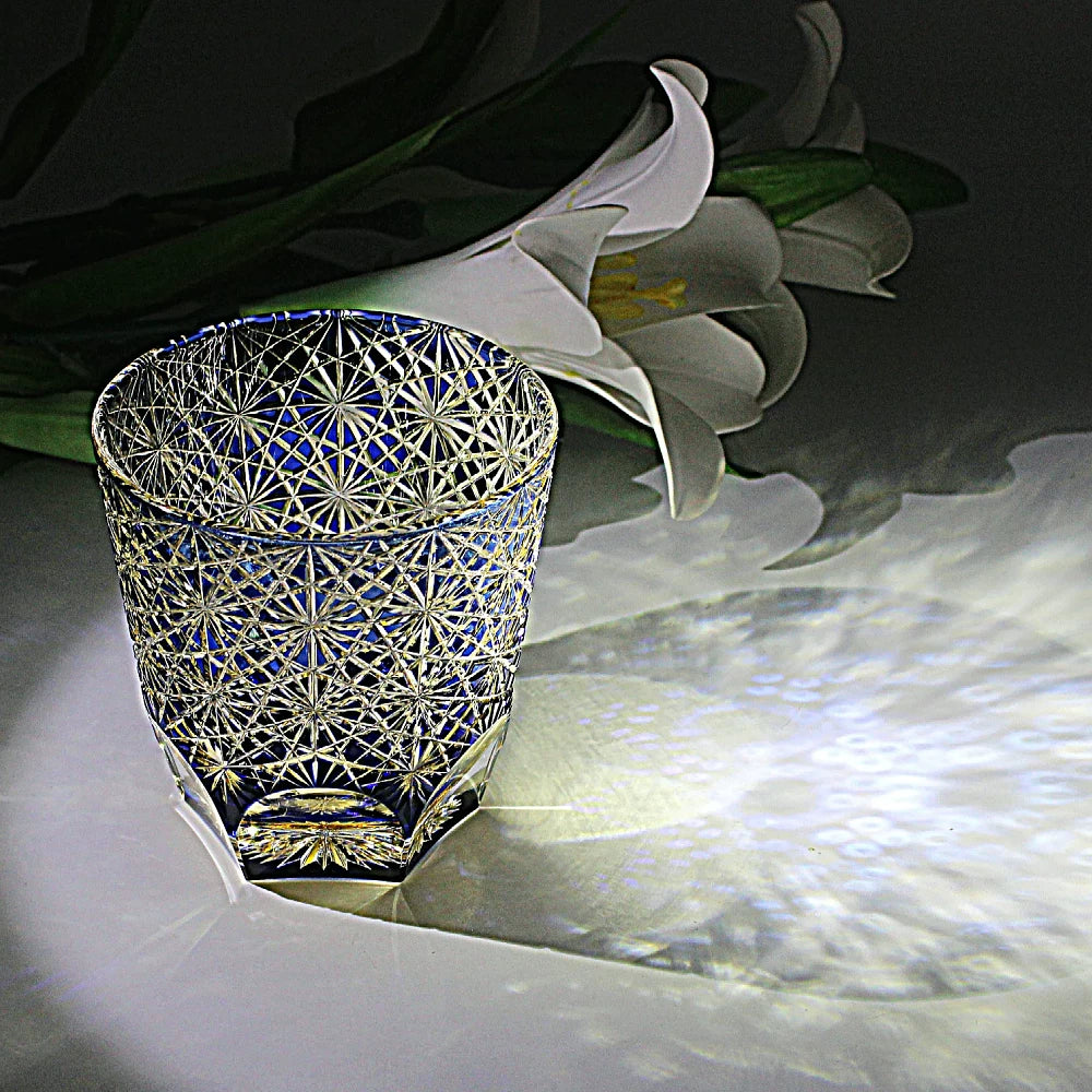 Edo Kiriko blue daisy crystal glass high-end hand-carved whiskey glass sake gift glass