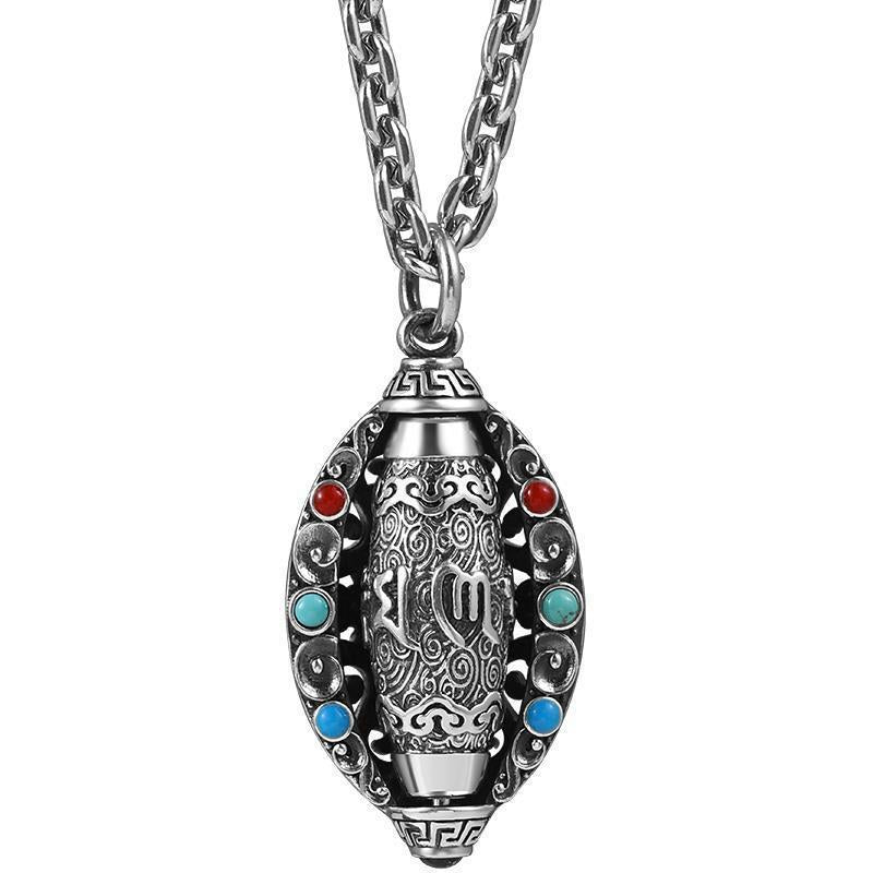 Pure silver Fortune-Attracting Six-Character Mantra Necklace, turquoise nine-eyed Dzi bead pendant, vintage rotating pendant for men and women