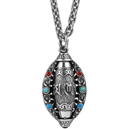 Pure silver Fortune-Attracting Six-Character Mantra Necklace, turquoise nine-eyed Dzi bead pendant, vintage rotating pendant for men and women