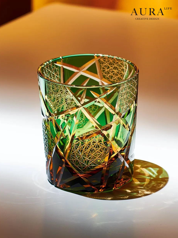AURA'S Personality Edo Kiriko Cup Twilight Amber Lightning Hand Engraved Crystal Whiskey Glasses of the Gods