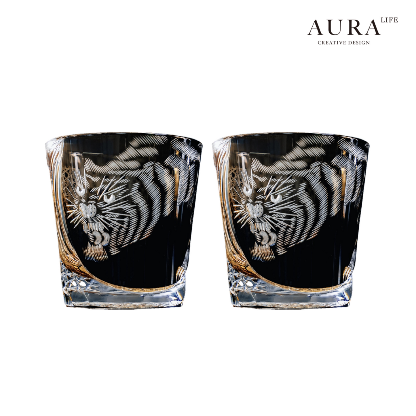 AURA'S Edo Kiriko Master Tiger Hand-Cut Crystal Glass Whiskey Glass High-End Gift