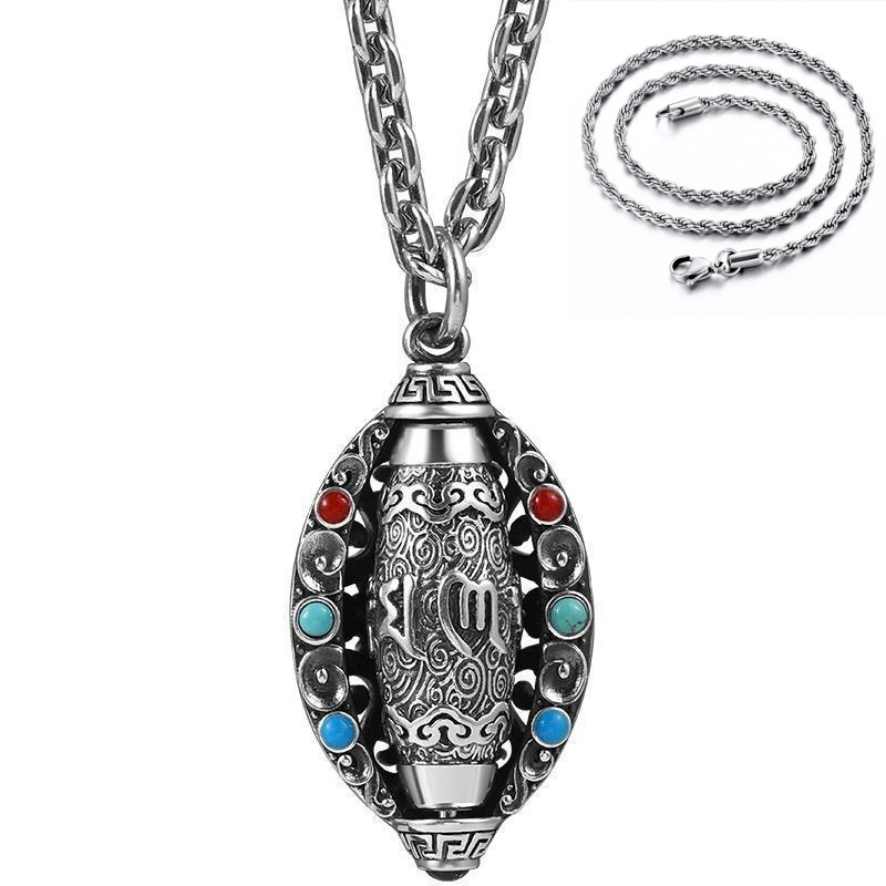 Pure silver Fortune-Attracting Six-Character Mantra Necklace, turquoise nine-eyed Dzi bead pendant, vintage rotating pendant for men and women