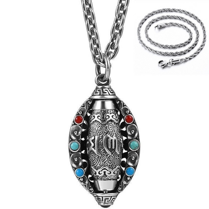 Pure silver Fortune-Attracting Six-Character Mantra Necklace, turquoise nine-eyed Dzi bead pendant, vintage rotating pendant for men and women