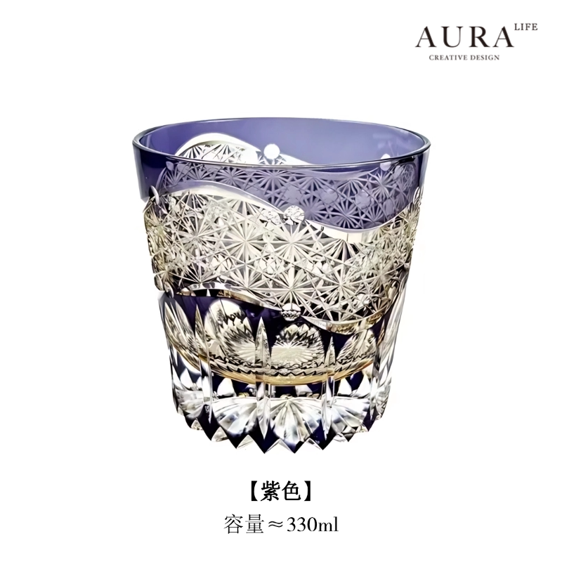 AURA'S Emerald Green Akebono Edo Kiriko Hand-Carved Crystal Glass Japanese Style Premium Whisky Glass