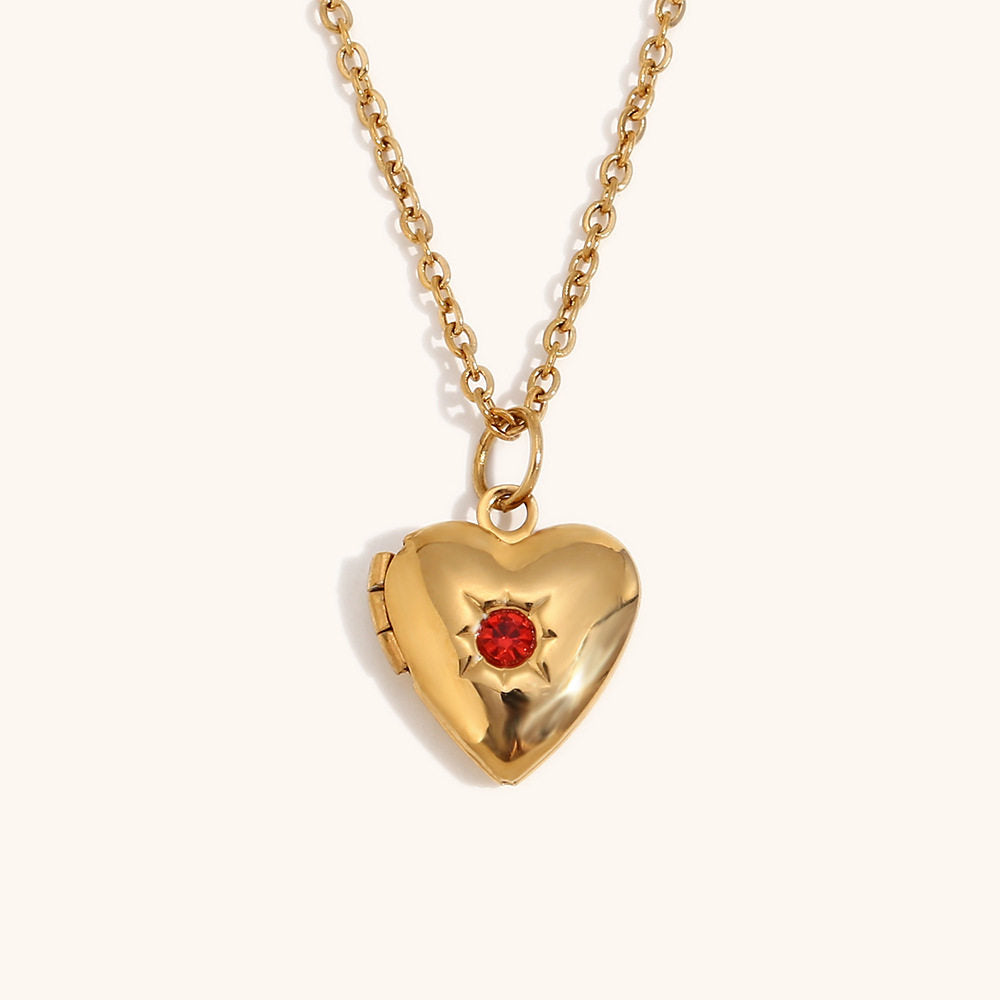 European and American high-end heart-shaped pendant, stainless steel plated with 18K gold, December Stone Picture Box Necklace for Women