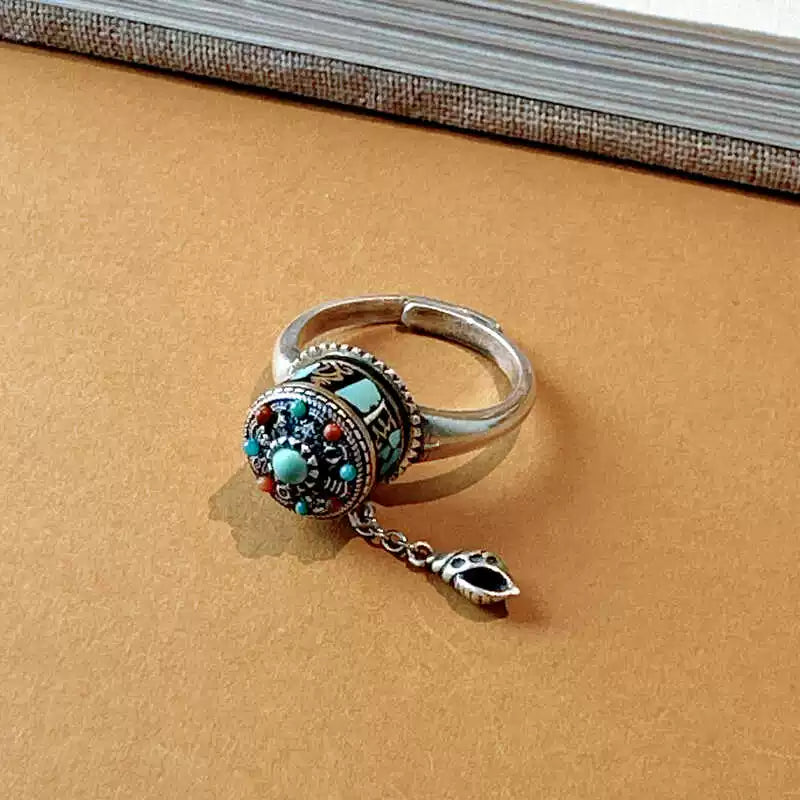 S925 sterling silver southern red agate rotatable tassel ring, six-character mantra ring, new Chinese ethnic style accessory