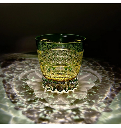 AURA'S Emerald Green Akebono Edo Kiriko Hand-Carved Crystal Glass Japanese Style Premium Whisky Glass