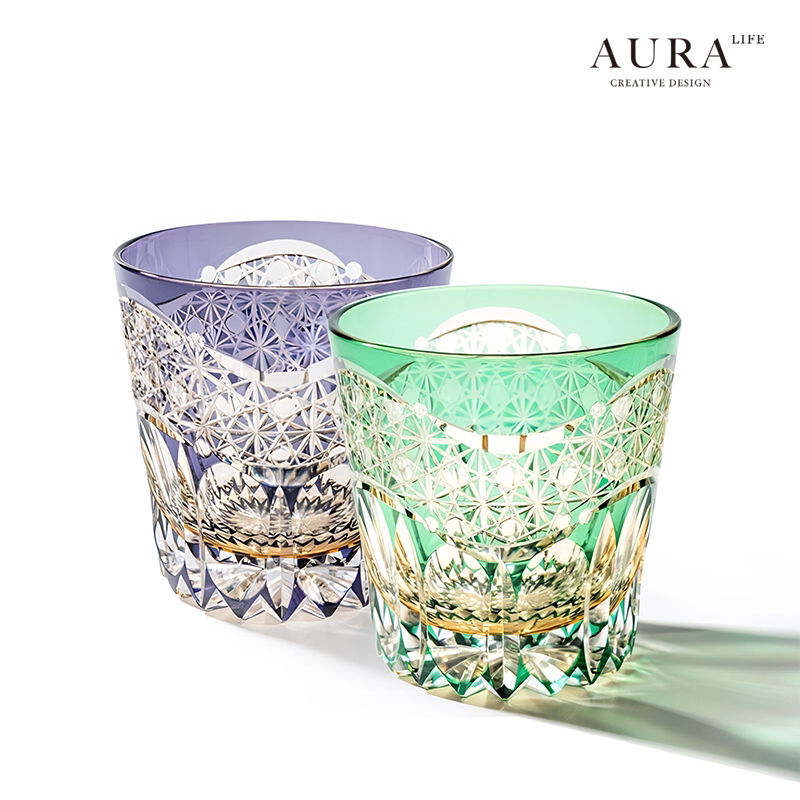 AURA'S Emerald Green Akebono Edo Kiriko Hand-Carved Crystal Glass Japanese Style Premium Whisky Glass