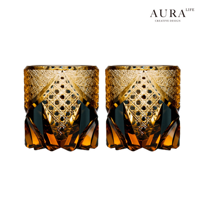 AURA'S black samurai Japanese style Edo Kiriko handmade glass whiskey glass carved amber glass