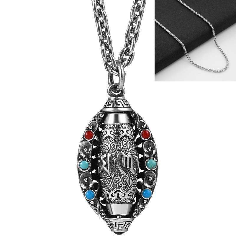 Pure silver Fortune-Attracting Six-Character Mantra Necklace, turquoise nine-eyed Dzi bead pendant, vintage rotating pendant for men and women