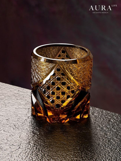 AURA'S black samurai Japanese style Edo Kiriko handmade glass whiskey glass carved amber glass