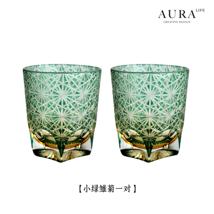 Edo Kiriko blue daisy crystal glass high-end hand-carved whiskey glass sake gift glass