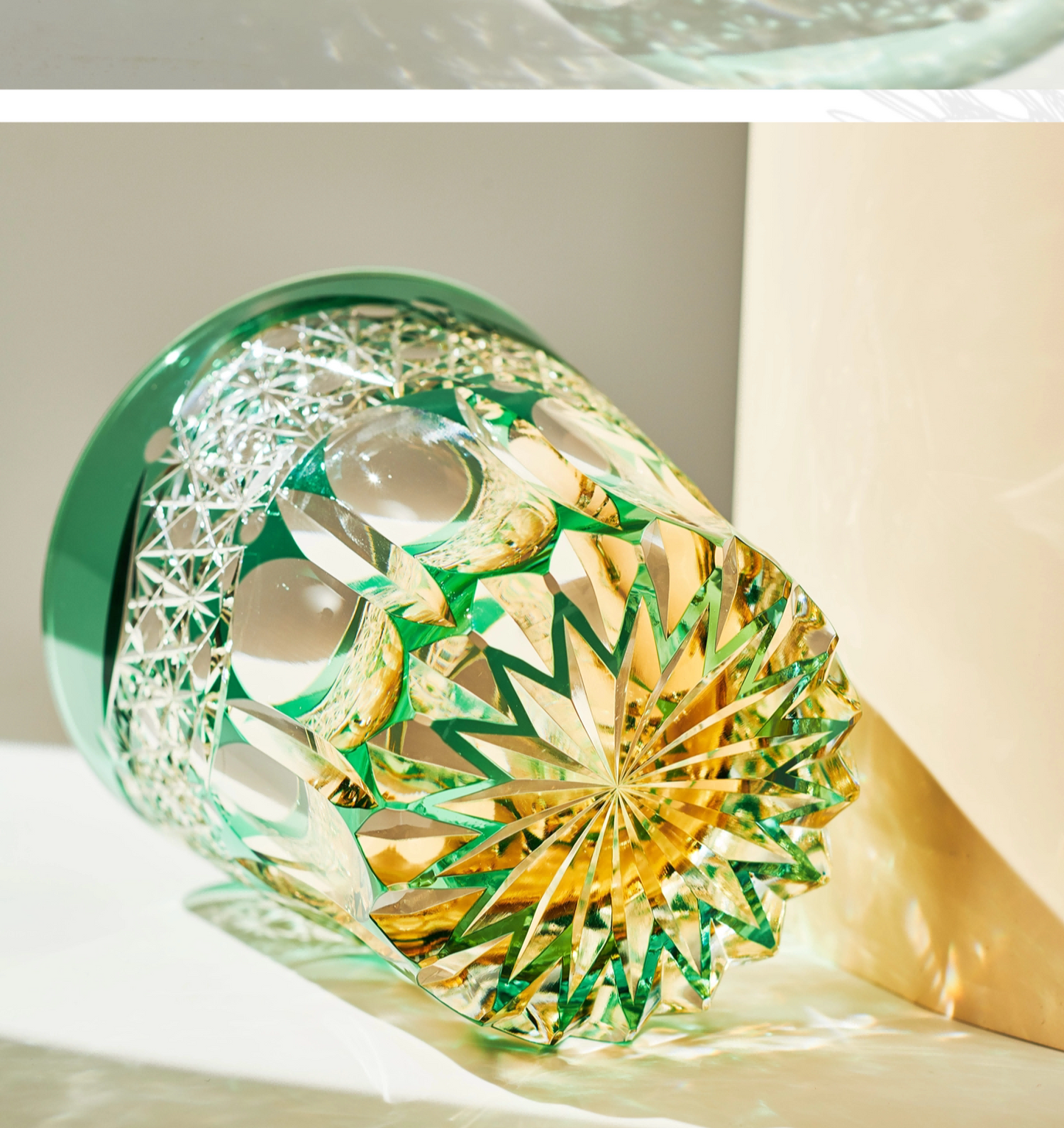 AURA'S Emerald Green Akebono Edo Kiriko Hand-Carved Crystal Glass Japanese Style Premium Whisky Glass