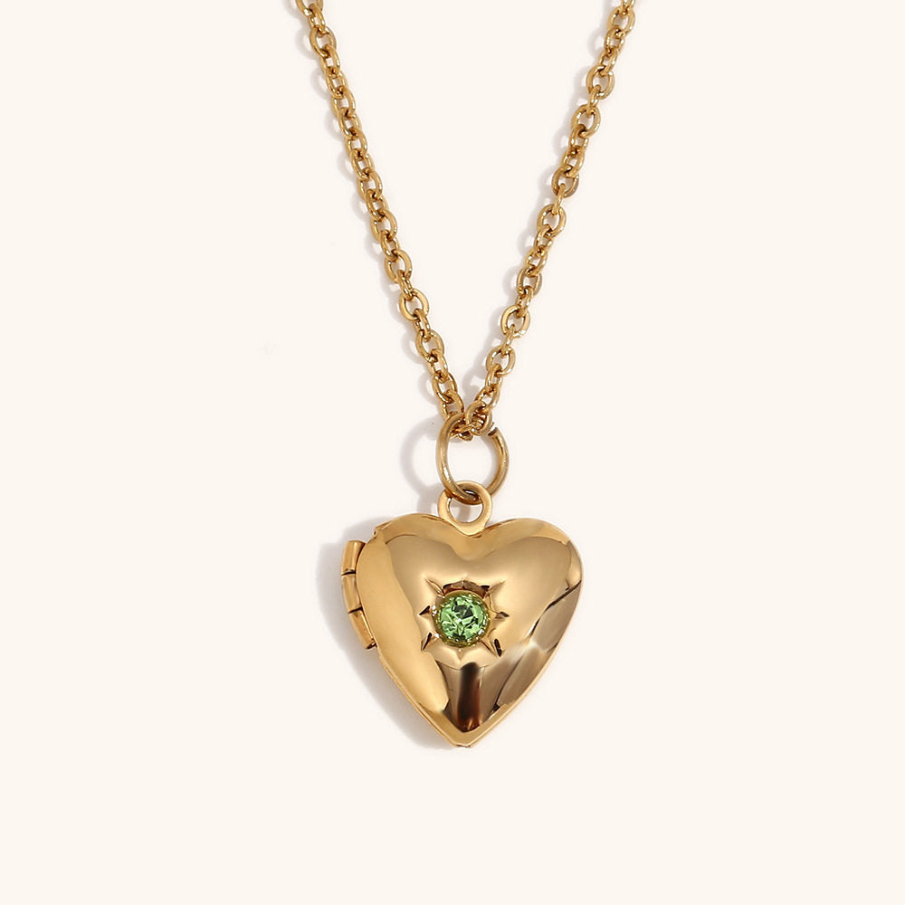 European and American high-end heart-shaped pendant, stainless steel plated with 18K gold, December Stone Picture Box Necklace for Women
