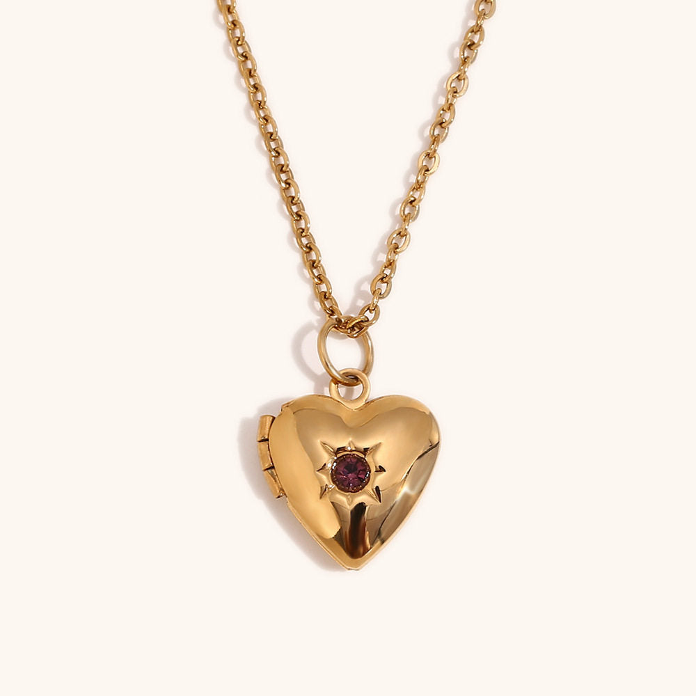 European and American high-end heart-shaped pendant, stainless steel plated with 18K gold, December Stone Picture Box Necklace for Women