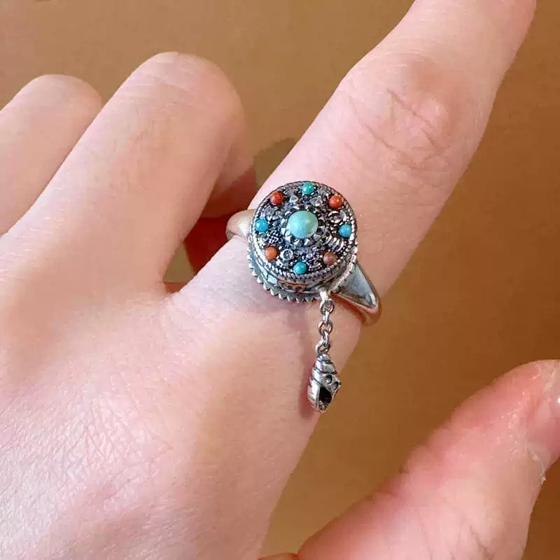 S925 sterling silver southern red agate rotatable tassel ring, six-character mantra ring, new Chinese ethnic style accessory
