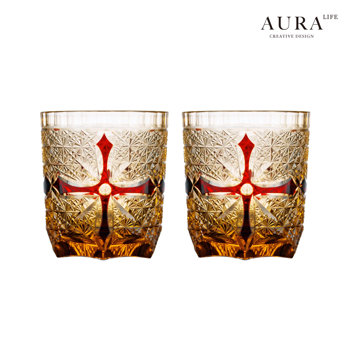 AURA'S niche high-end blue daisy light luxury gold armor hand-carved amber cross whiskey glass