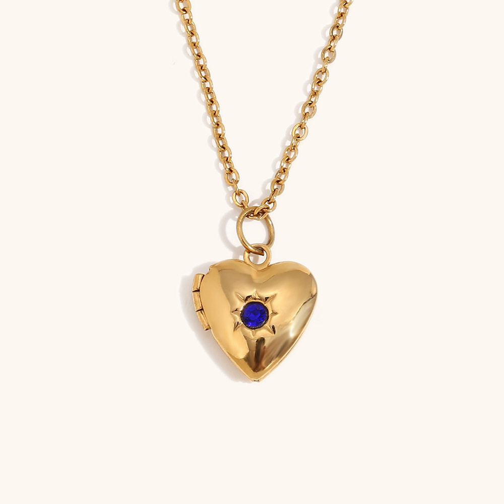 European and American high-end heart-shaped pendant, stainless steel plated with 18K gold, December Stone Picture Box Necklace for Women