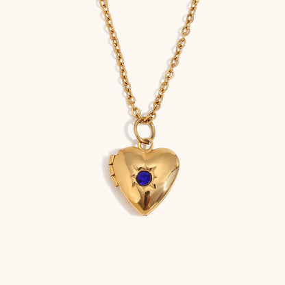 European and American high-end heart-shaped pendant, stainless steel plated with 18K gold, December Stone Picture Box Necklace for Women