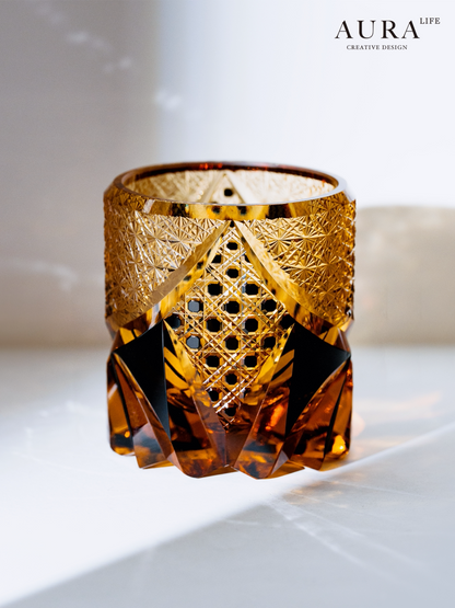 AURA'S black samurai Japanese style Edo Kiriko handmade glass whiskey glass carved amber glass