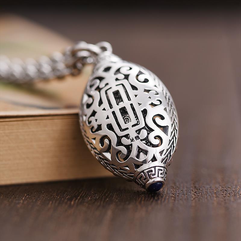 Pure silver Fortune-Attracting Six-Character Mantra Necklace, turquoise nine-eyed Dzi bead pendant, vintage rotating pendant for men and women