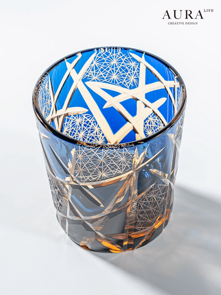 AURA'S Personality Edo Kiriko Cup Twilight Amber Lightning Hand Engraved Crystal Whiskey Glasses of the Gods