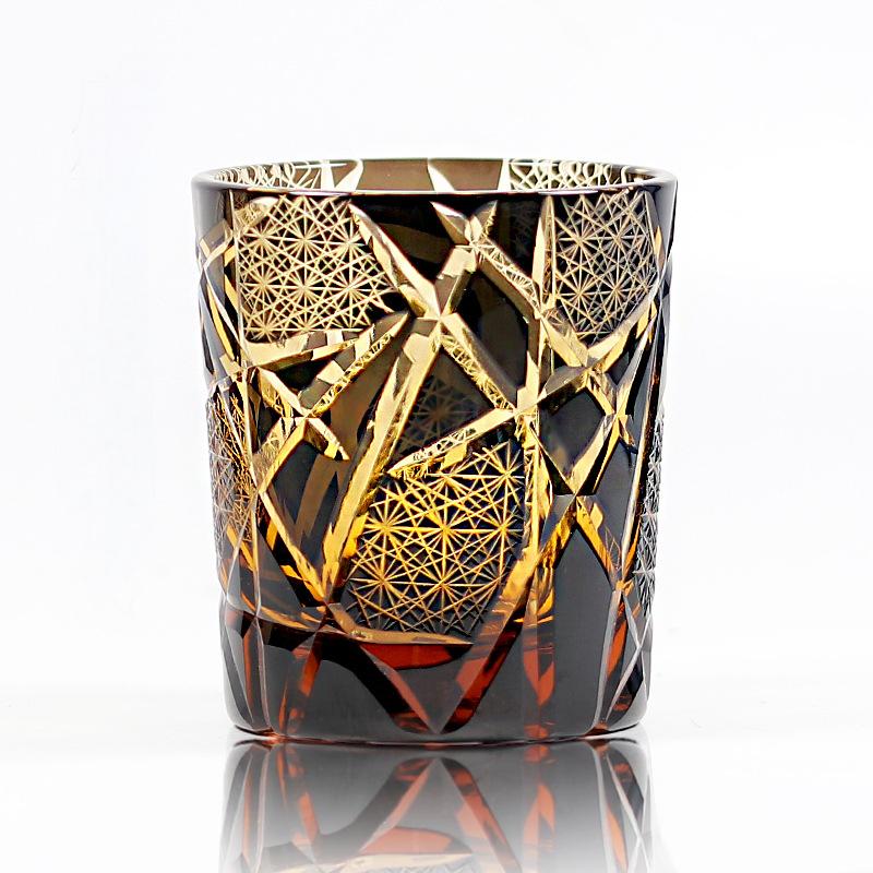 AURA'S Personality Edo Kiriko Cup Twilight Amber Lightning Hand Engraved Crystal Whiskey Glasses of the Gods
