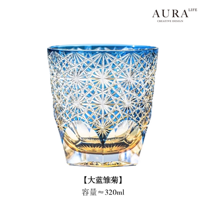 Edo Kiriko blue daisy crystal glass high-end hand-carved whiskey glass sake gift glass