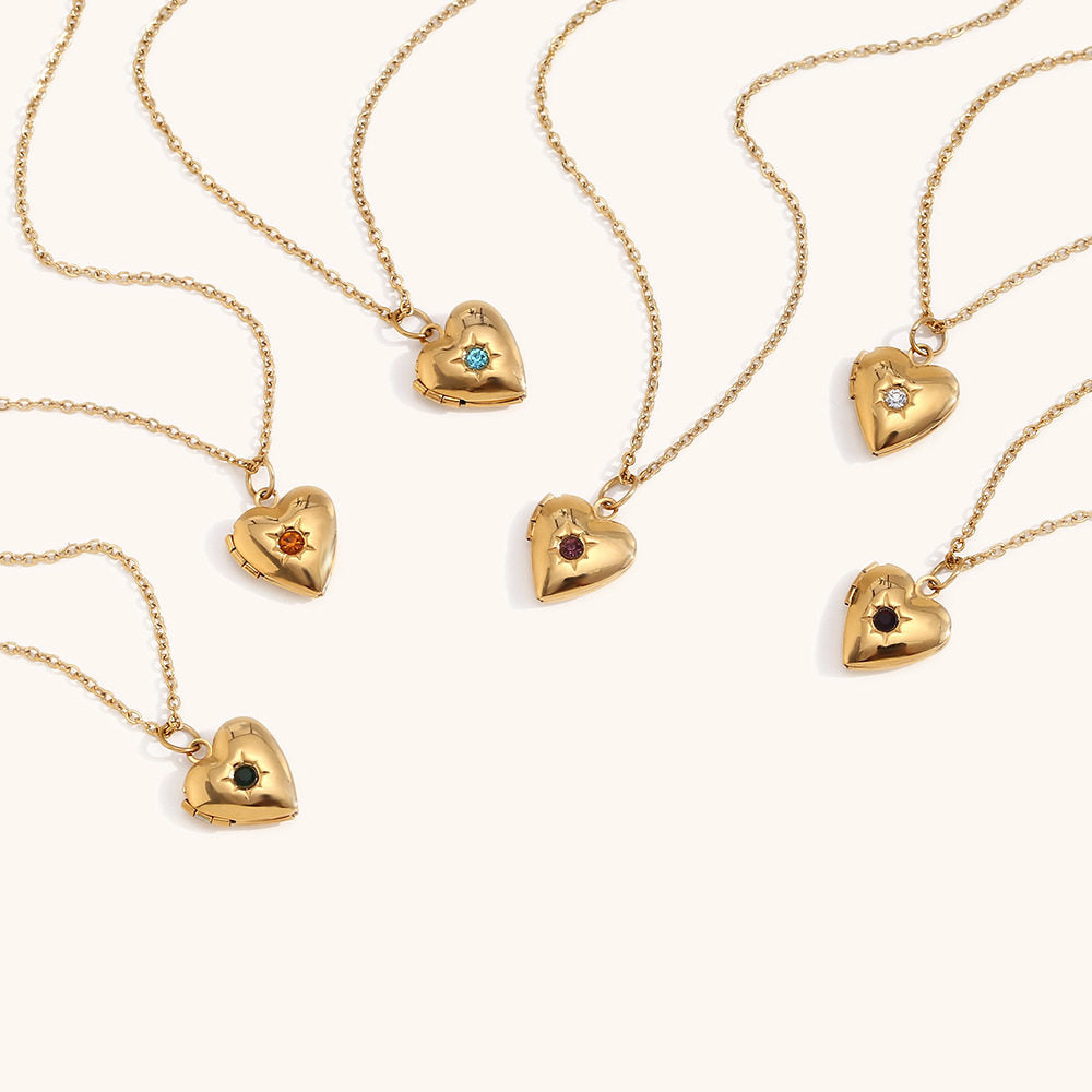 European and American high-end heart-shaped pendant, stainless steel plated with 18K gold, December Stone Picture Box Necklace for Women