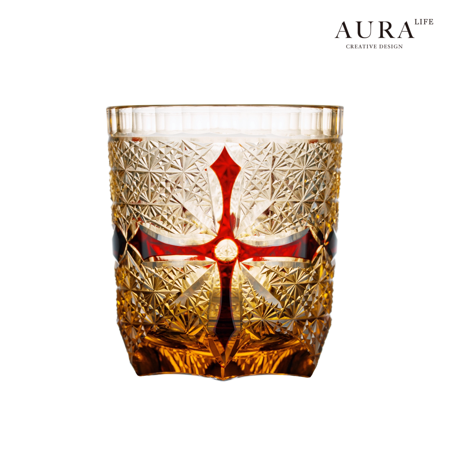 AURA'S niche high-end blue daisy light luxury gold armor hand-carved amber cross whiskey glass