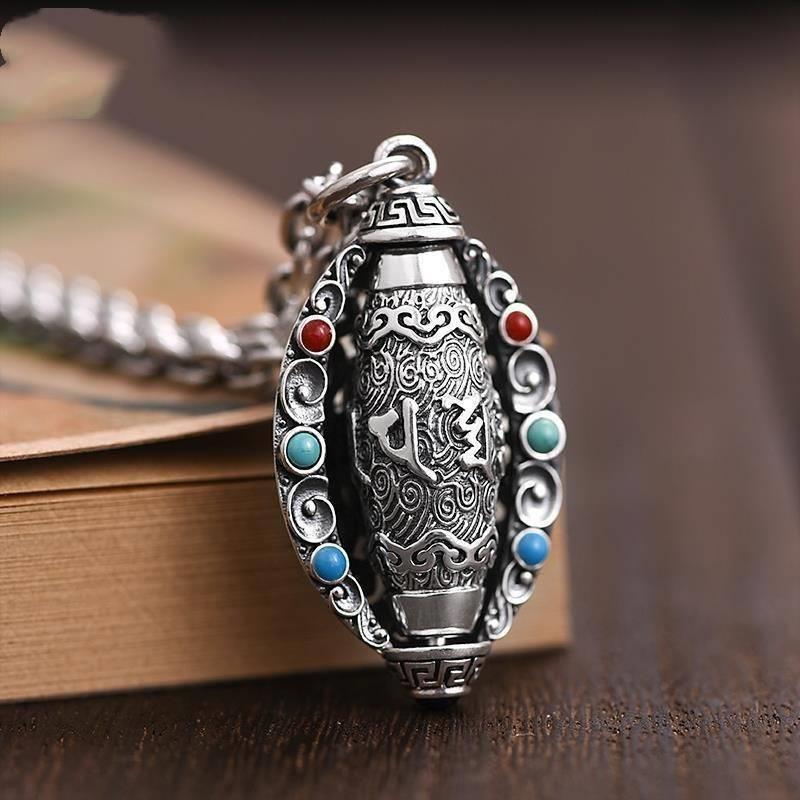 Pure silver Fortune-Attracting Six-Character Mantra Necklace, turquoise nine-eyed Dzi bead pendant, vintage rotating pendant for men and women