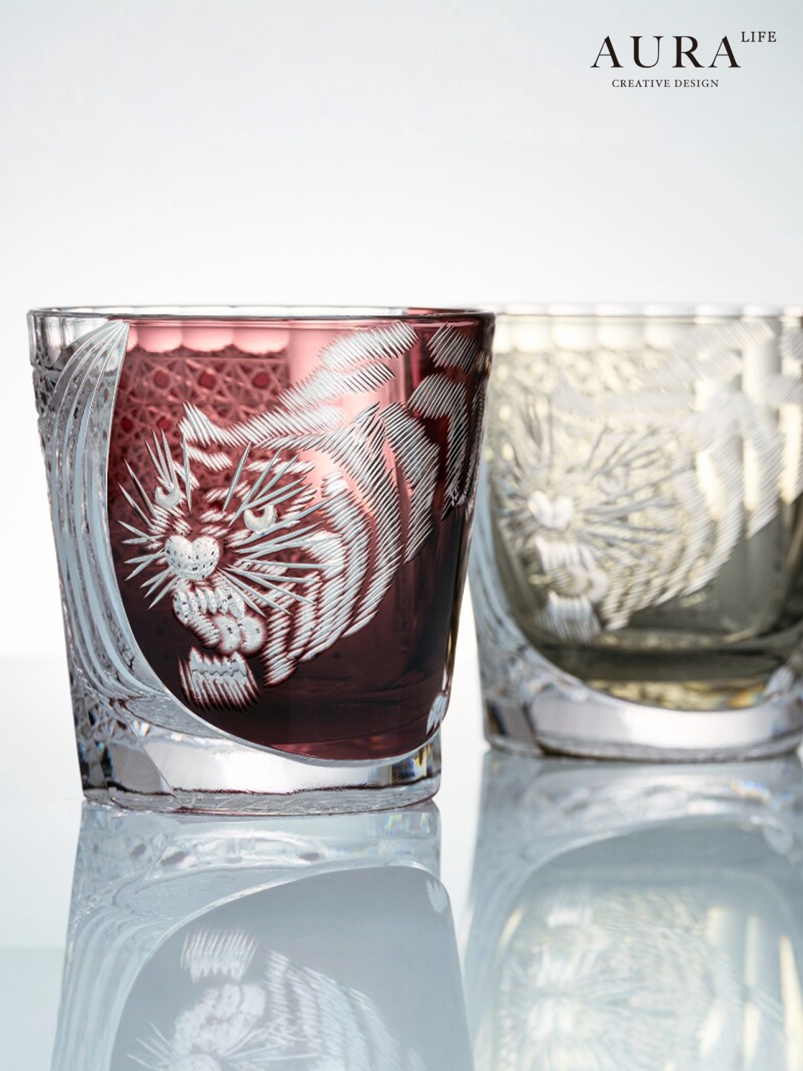 AURA'S Edo Kiriko Master Tiger Hand-Cut Crystal Glass Whiskey Glass High-End Gift