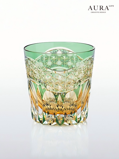 AURA'S Emerald Green Akebono Edo Kiriko Hand-Carved Crystal Glass Japanese Style Premium Whisky Glass