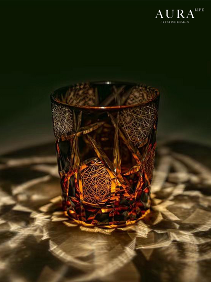 AURA'S Personality Edo Kiriko Cup Twilight Amber Lightning Hand Engraved Crystal Whiskey Glasses of the Gods