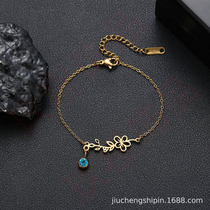 [Custom Piece] Stainless Steel December Birthday Flower Bracelet Pendant, Electroplated 18K Gold Month