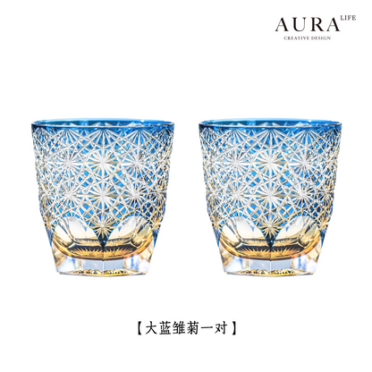 Edo Kiriko blue daisy crystal glass high-end hand-carved whiskey glass sake gift glass