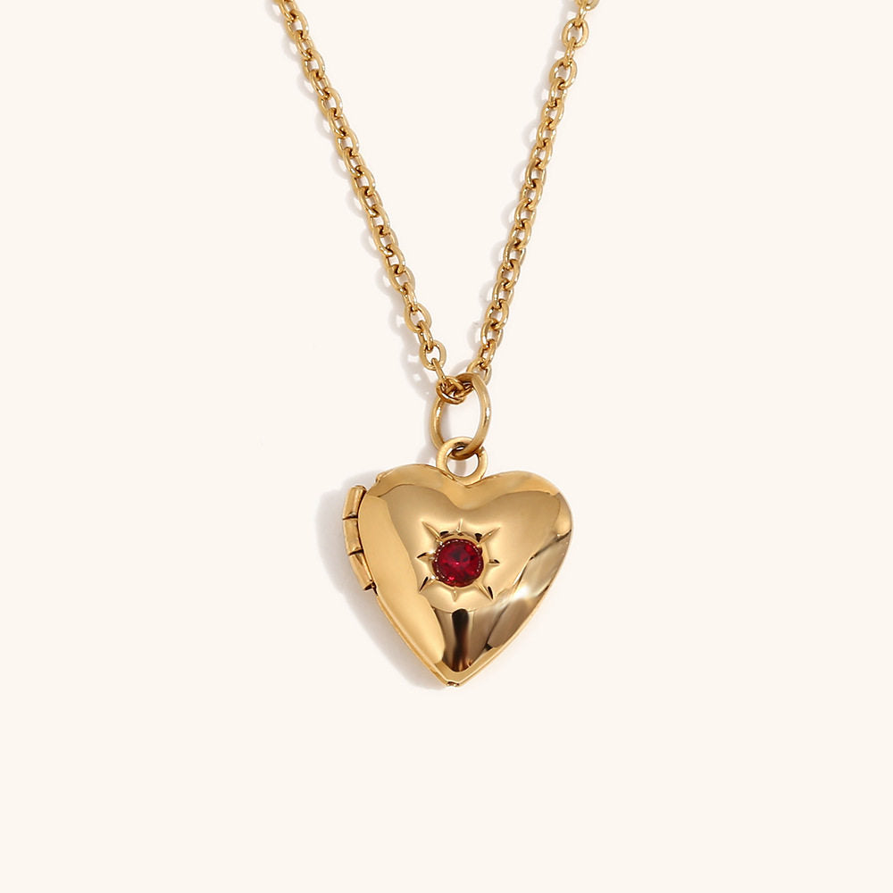 European and American high-end heart-shaped pendant, stainless steel plated with 18K gold, December Stone Picture Box Necklace for Women