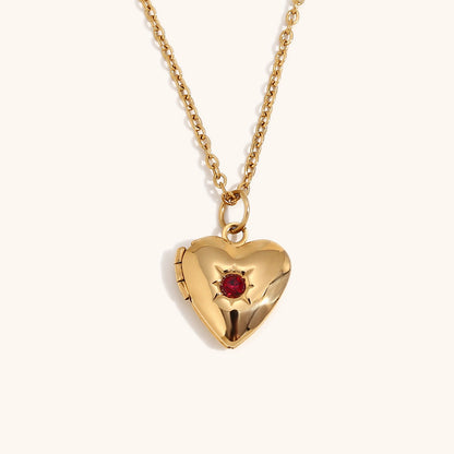 European and American high-end heart-shaped pendant, stainless steel plated with 18K gold, December Stone Picture Box Necklace for Women