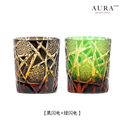 AURA'S Personality Edo Kiriko Cup Twilight Amber Lightning Hand Engraved Crystal Whiskey Glasses of the Gods