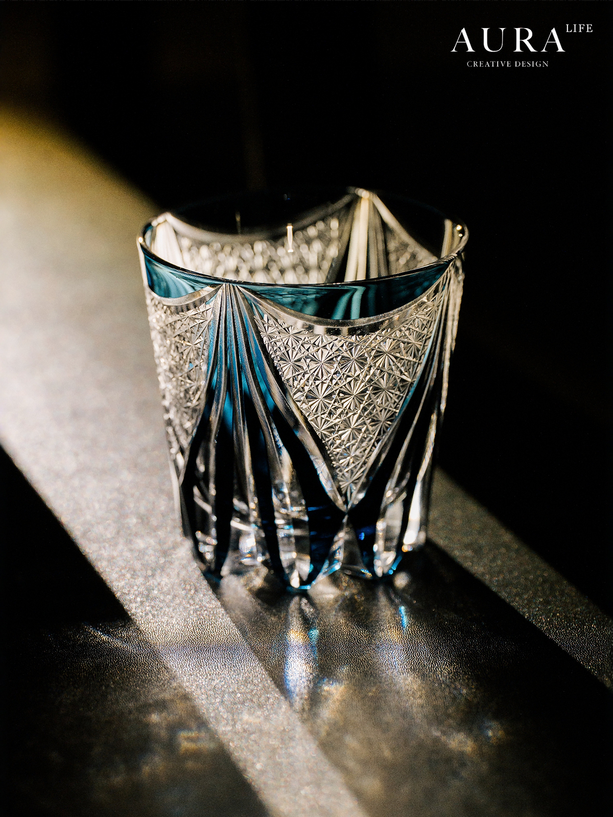 AURA'S Edo Kiriko Blue Tide Phantom Hand-Carved Crystal Cup Whiskey Wine Glass Glass Gift