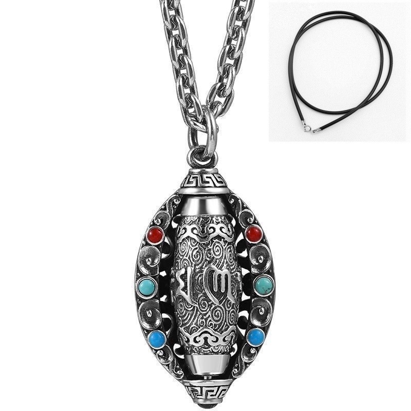 Pure silver Fortune-Attracting Six-Character Mantra Necklace, turquoise nine-eyed Dzi bead pendant, vintage rotating pendant for men and women