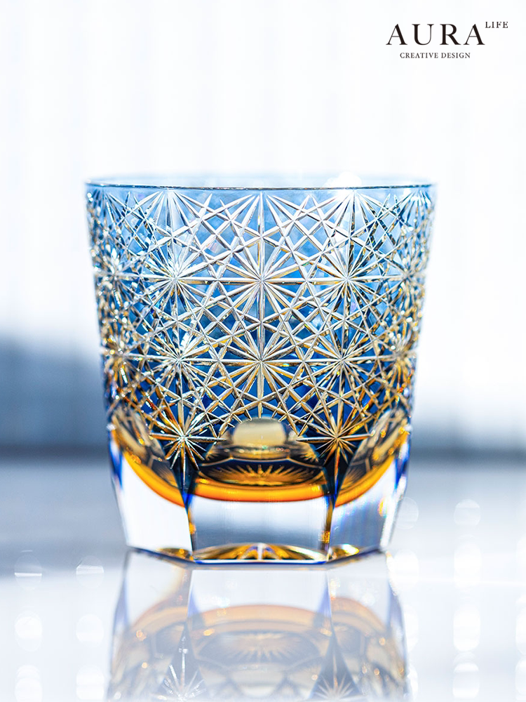 Edo Kiriko blue daisy crystal glass high-end hand-carved whiskey glass sake gift glass