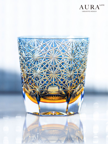 Edo Kiriko blue daisy crystal glass high-end hand-carved whiskey glass sake gift glass