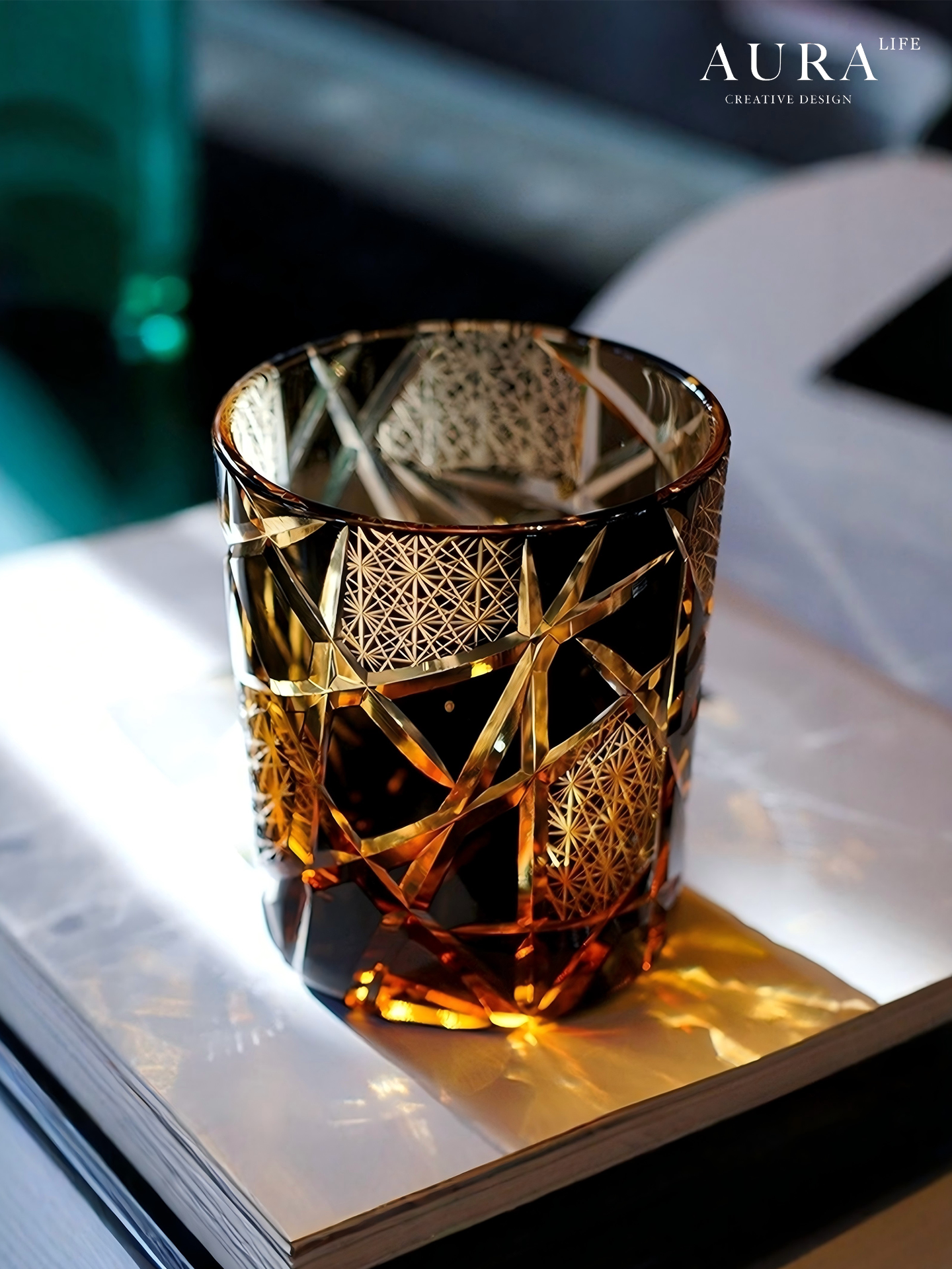 AURA'S Personality Edo Kiriko Cup Twilight Amber Lightning Hand Engraved Crystal Whiskey Glasses of the Gods