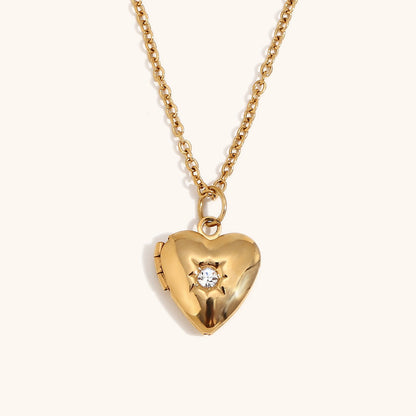 European and American high-end heart-shaped pendant, stainless steel plated with 18K gold, December Stone Picture Box Necklace for Women