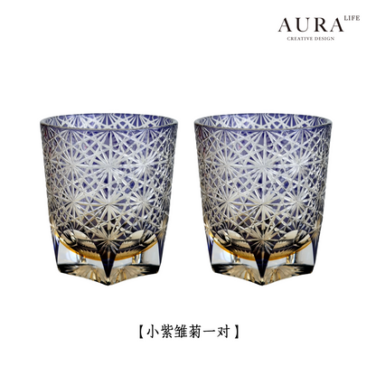 Edo Kiriko blue daisy crystal glass high-end hand-carved whiskey glass sake gift glass