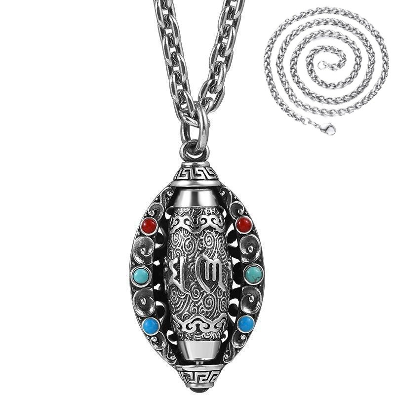 Pure silver Fortune-Attracting Six-Character Mantra Necklace, turquoise nine-eyed Dzi bead pendant, vintage rotating pendant for men and women