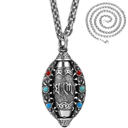 Pure silver Fortune-Attracting Six-Character Mantra Necklace, turquoise nine-eyed Dzi bead pendant, vintage rotating pendant for men and women