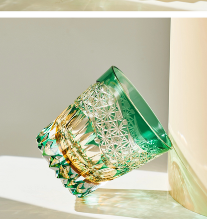 AURA'S Emerald Green Akebono Edo Kiriko Hand-Carved Crystal Glass Japanese Style Premium Whisky Glass