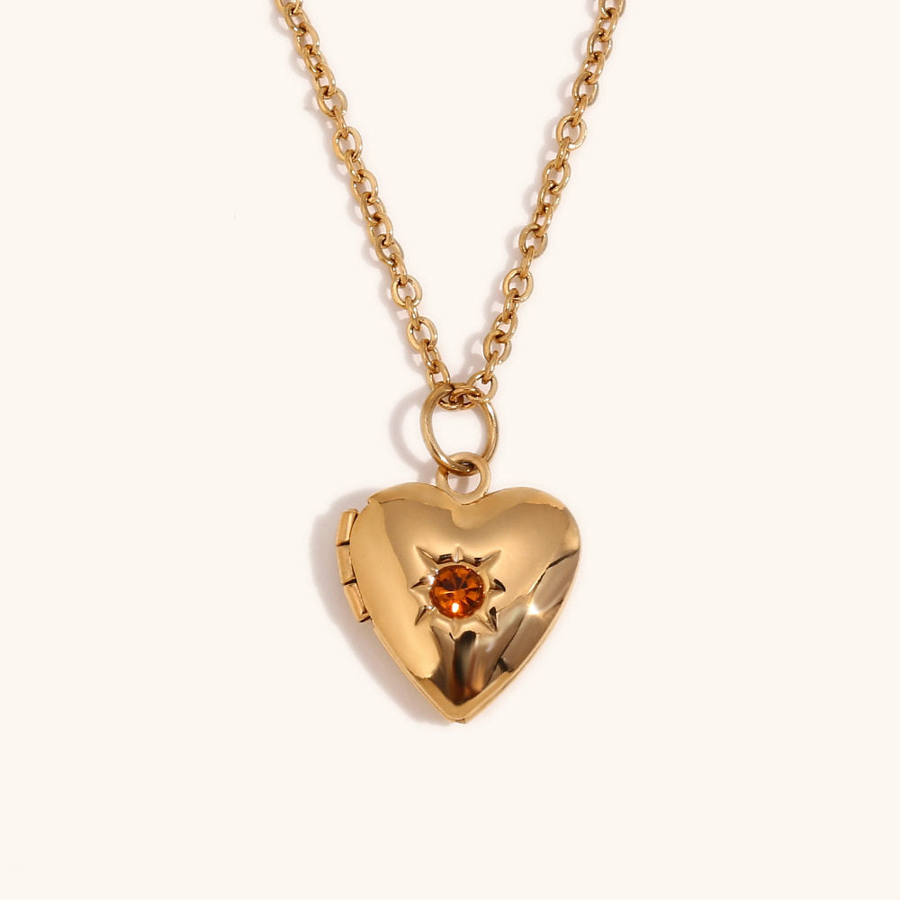 European and American high-end heart-shaped pendant, stainless steel plated with 18K gold, December Stone Picture Box Necklace for Women